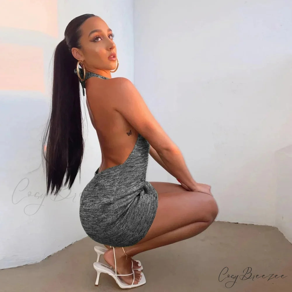 Backless Sleeveless Knitted Mini Dress Dark Grey / XS