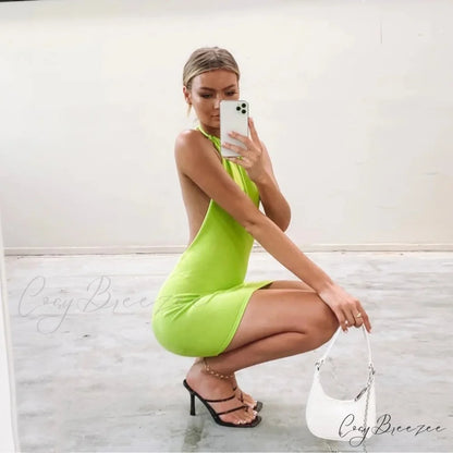 Backless Sleeveless Knitted Mini Dress GREEN / XS