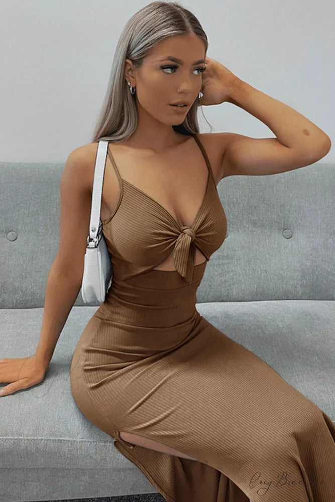 Backless Split Cami Dress with Tie-front Brown / L