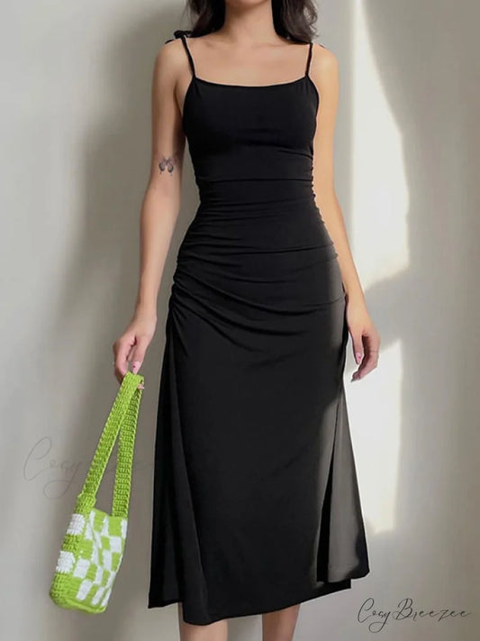 Backless Split One Trendy Shoulder Ribbed Maxi Dress Black / S
