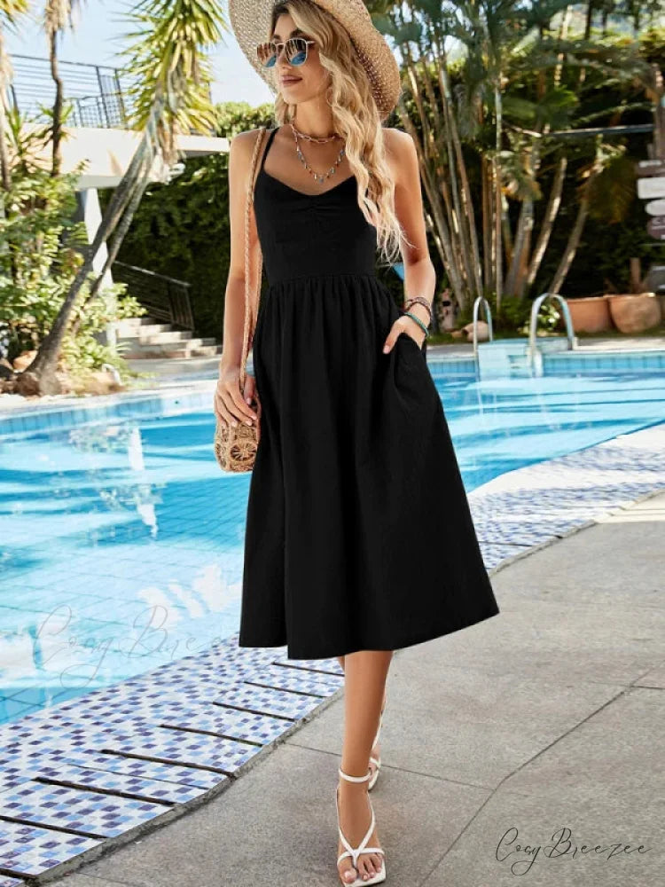 Backless Straps Pocket Dress S / orange