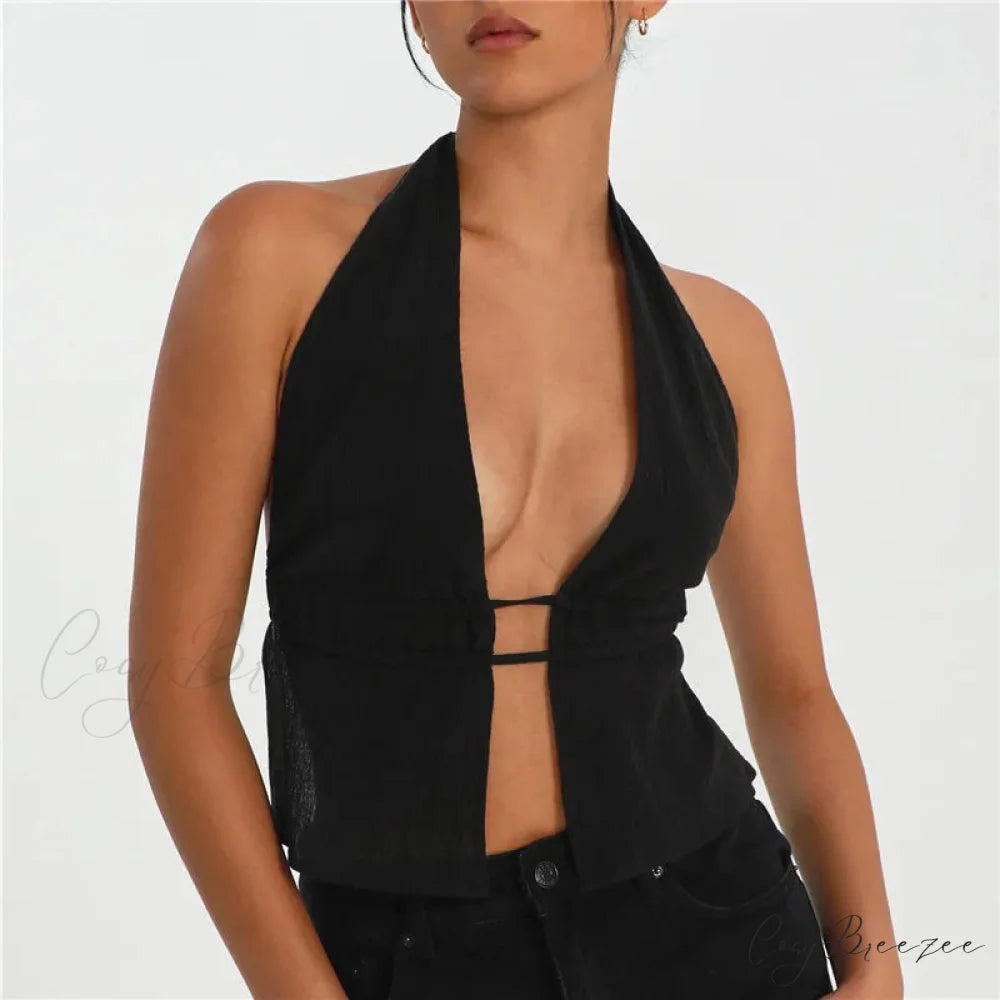 Backless Tie Front Crop Top Black / S croptop-250223