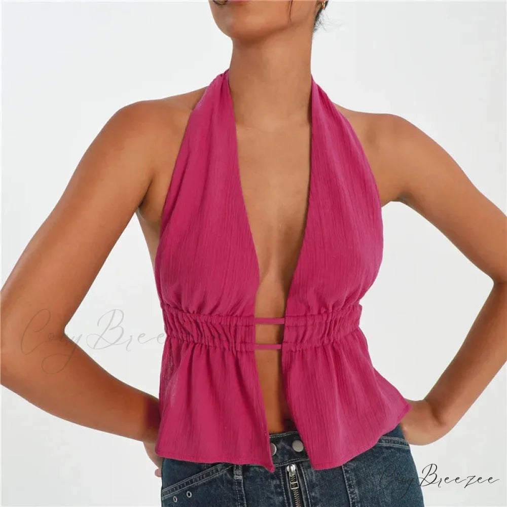 Backless Tie Front Crop Top Rose Red / S croptop-250223