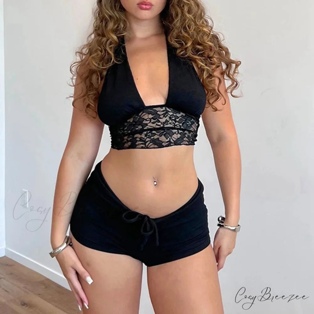 Backless Tie-Up Camis Lace Patchwork Halter Crop Top Mini Shorts Two Pieces Set Black / S twopiecesset-250126