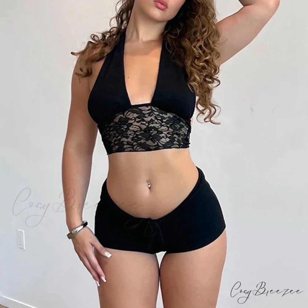Backless Tie-Up Camis Lace Patchwork Halter Crop Top Mini Shorts Two Pieces Set twopiecesset-250126