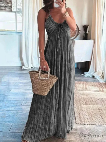 Backless U-Neck Stylish Suspender Maxi Dress Black / S