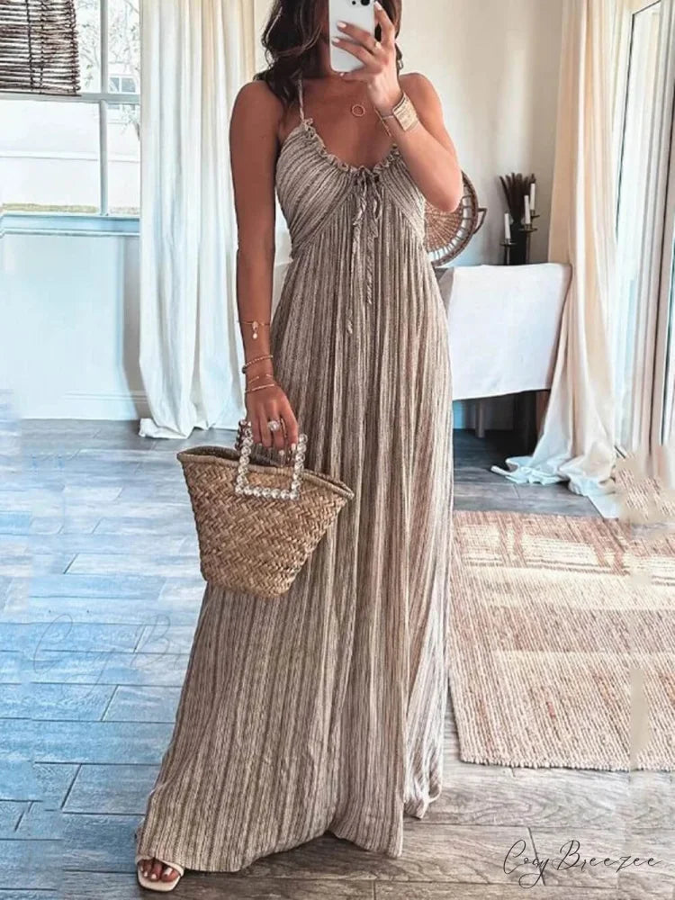 Backless U-Neck Stylish Suspender Maxi Dress Light Grey / S