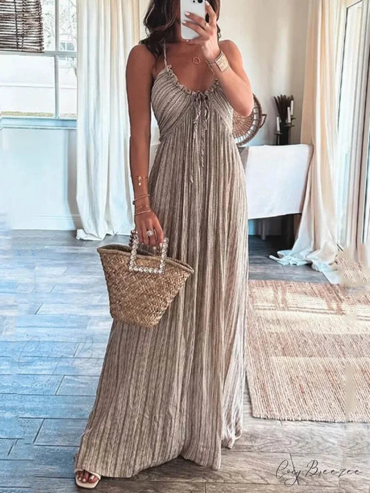 Backless U-Neck Stylish Suspender Maxi Dress Light Grey / S