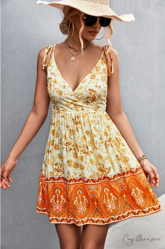 Backless V-Neck Sling Flower Dress S / yellow