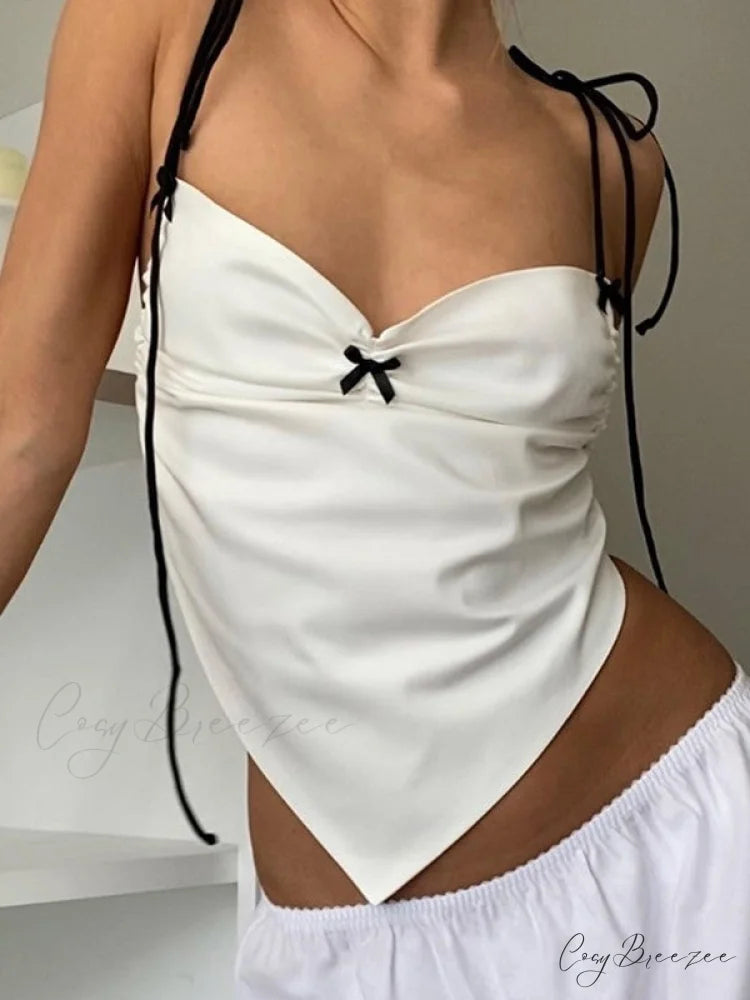 Backless V Neck Trendy Crop Cami Top White / S