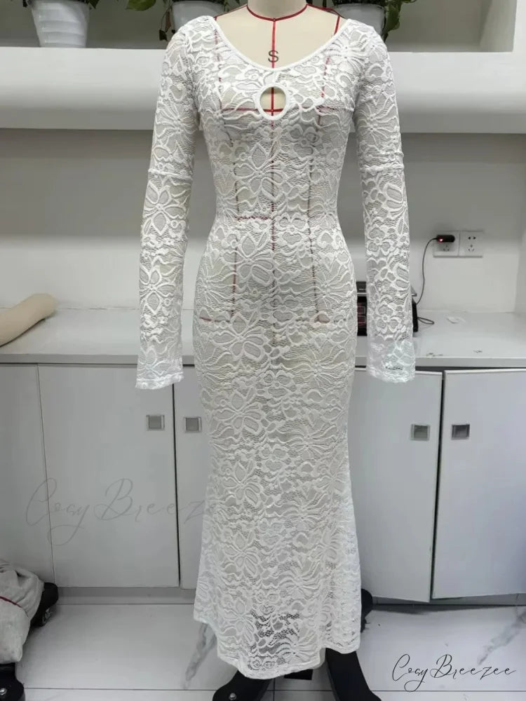 Backless White Lace Sheer Floral Dress floraldress-250126