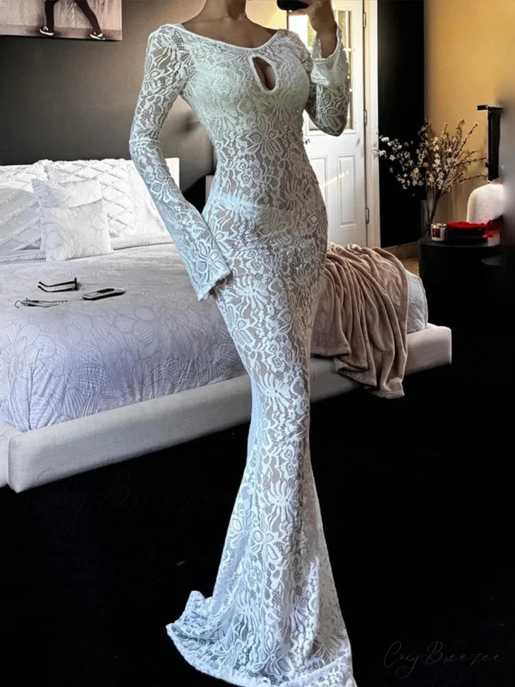 Backless White Lace Sheer Floral Dress floraldress-250126