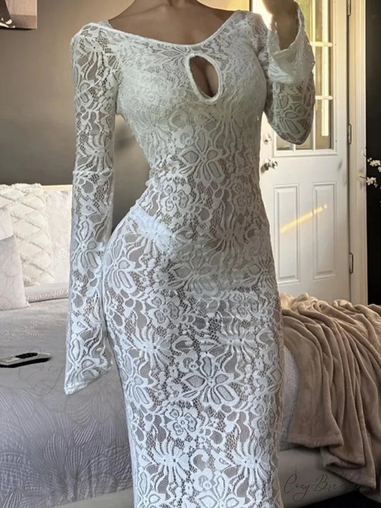 Backless White Lace Sheer Floral Dress WHITE / S floraldress-250126