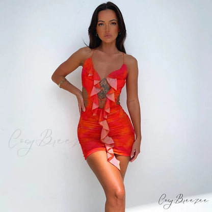 Backless Women Halter Ruffle Gown Party Coastal Festive Hollow - Out for Mini Bodycon Sexy Vestido Color / S
