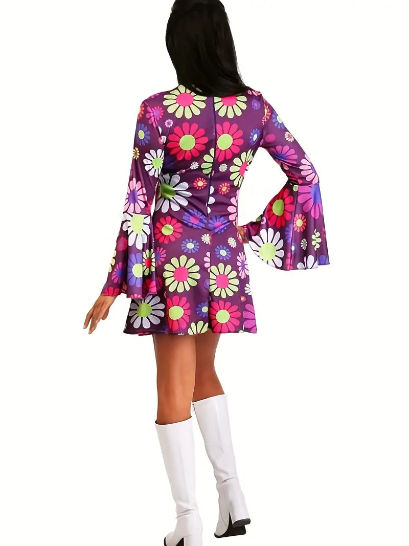 Purple Floral Flared Long Sleeve Party Dress