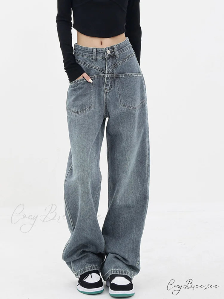 Baddie Baggy Wide Trendy Leg Boyfriend Jeans Blue / XS