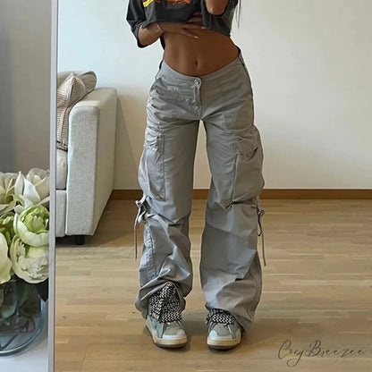 Baggy Cargo Drawstring Wide Leg Pants Grey / S pants-241228