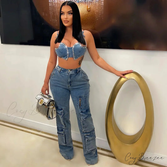 Baggy Pocket Denim Wide Leg High Waist Cargo Y2K Streetwear Fashion Denim 2024 Summer Clothes Jean Blue / S