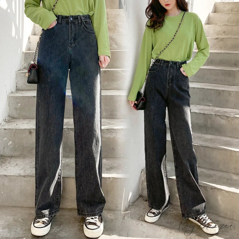 Baggy Waist Fashion - Mom Leg Wide Women’s High Jeans Pants - Denim Jeans gray / XS
