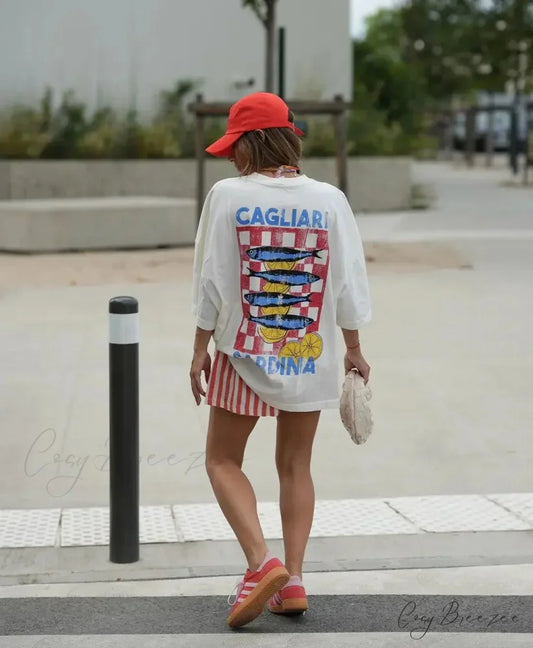 Baggy Y2K Summer Fish Print Tee white1 / S t-shirt-250223