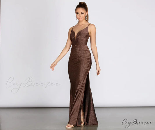 Bali Lurex Deep Charming V Ruched Dress BRONZE / S