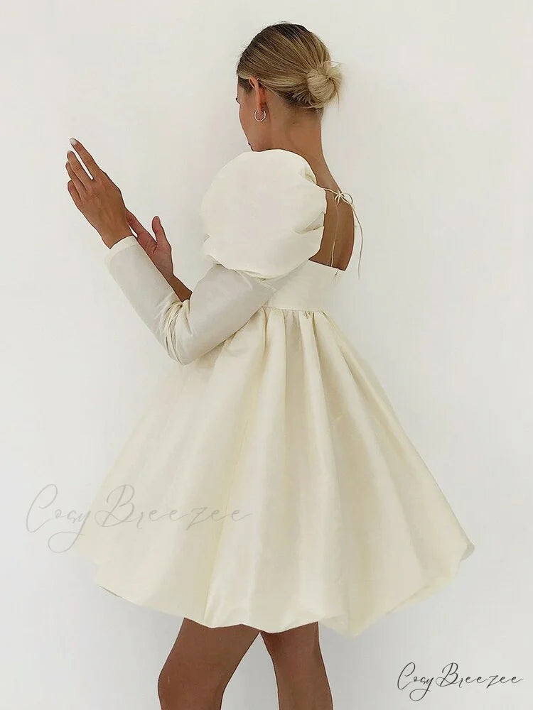 Ball with Puff Gown Sleeves Neckline Boxy Gown - Chic Beige Satin