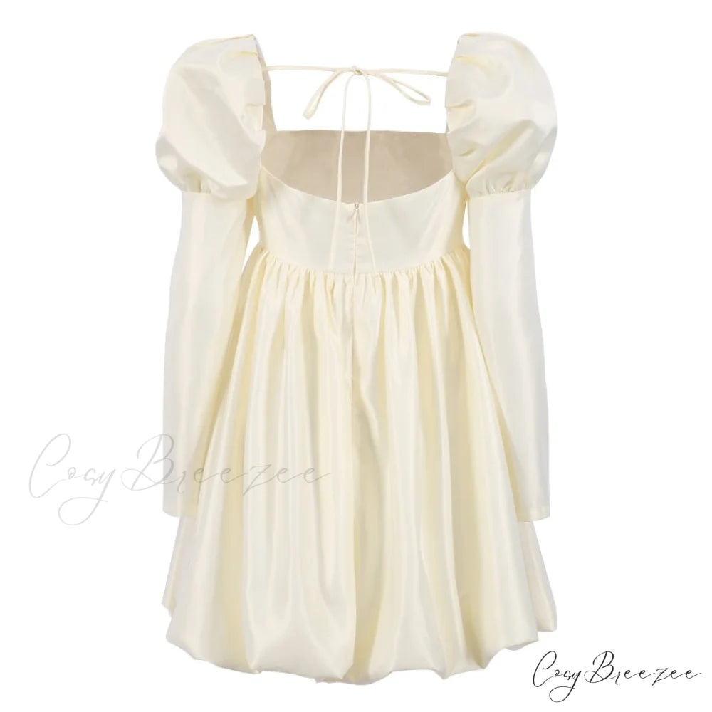 Ball with Puff Gown Sleeves Neckline Boxy Gown - Chic Beige Satin
