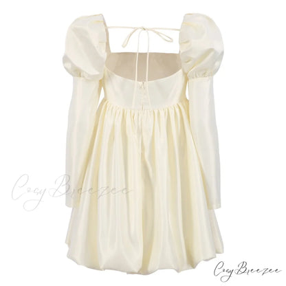 Ball with Puff Gown Sleeves Neckline Boxy Gown - Chic Beige Satin
