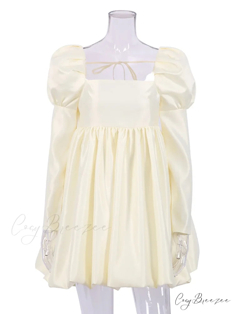 Ball with Puff Gown Sleeves Neckline Boxy Gown - Chic Beige Satin