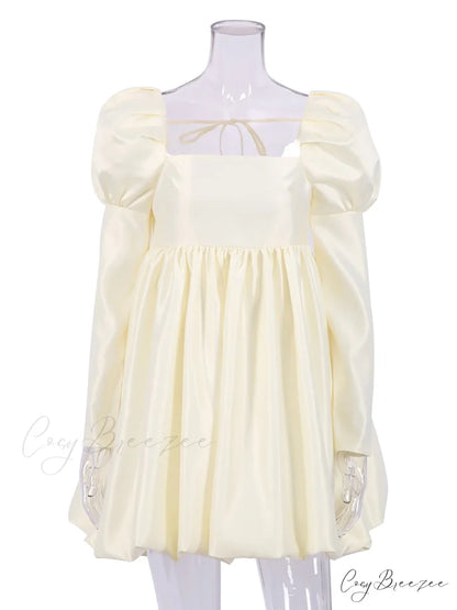 Ball with Puff Gown Sleeves Neckline Boxy Gown - Chic Beige Satin