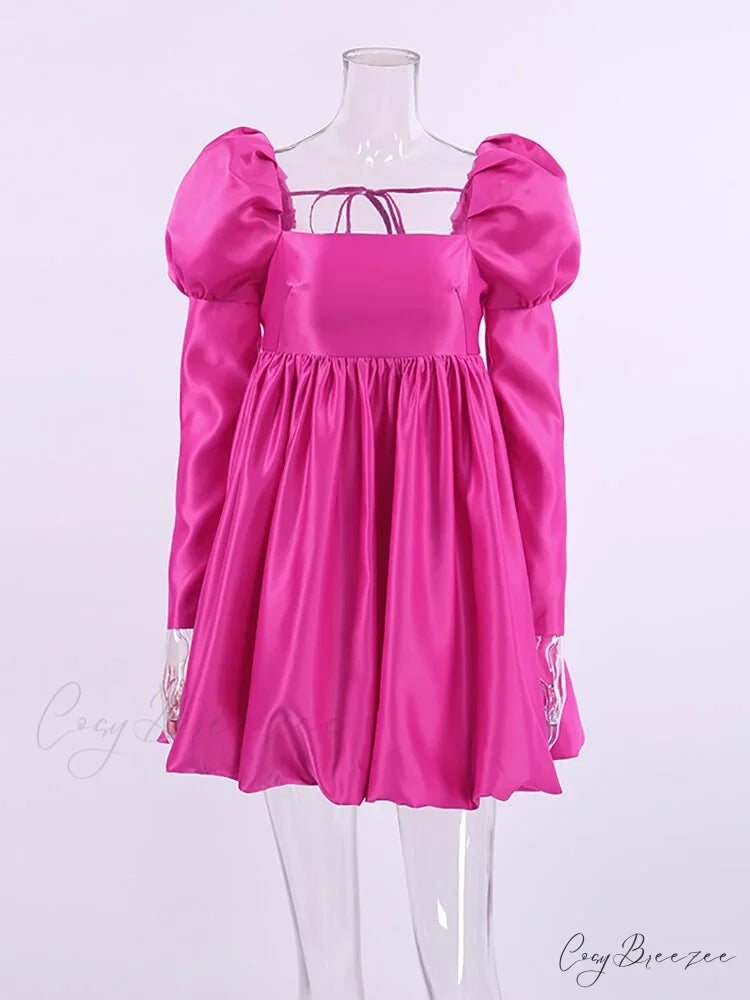 Ball with Puff Gown Sleeves Neckline Boxy Gown - Chic Beige Satin Pink / S