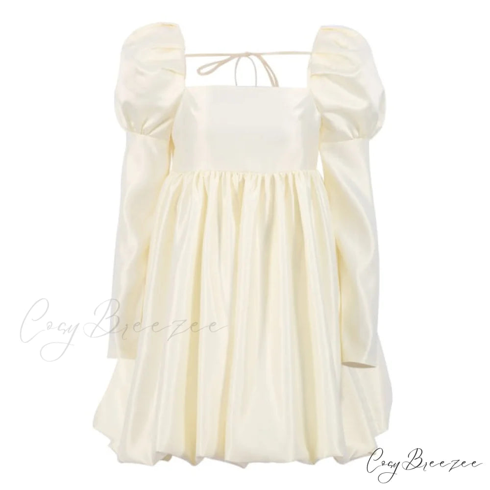 Ball with Puff Gown Sleeves Neckline Boxy Gown - Chic Beige Satin Beige / S