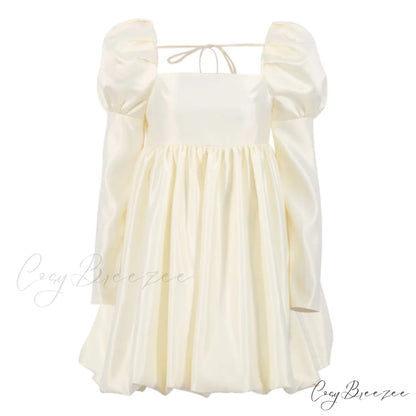 Ball with Puff Gown Sleeves Neckline Boxy Gown - Chic Beige Satin Beige / S