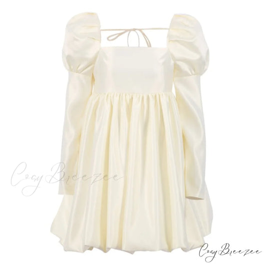 Ball with Puff Gown Sleeves Neckline Boxy Gown - Chic Beige Satin Beige / S