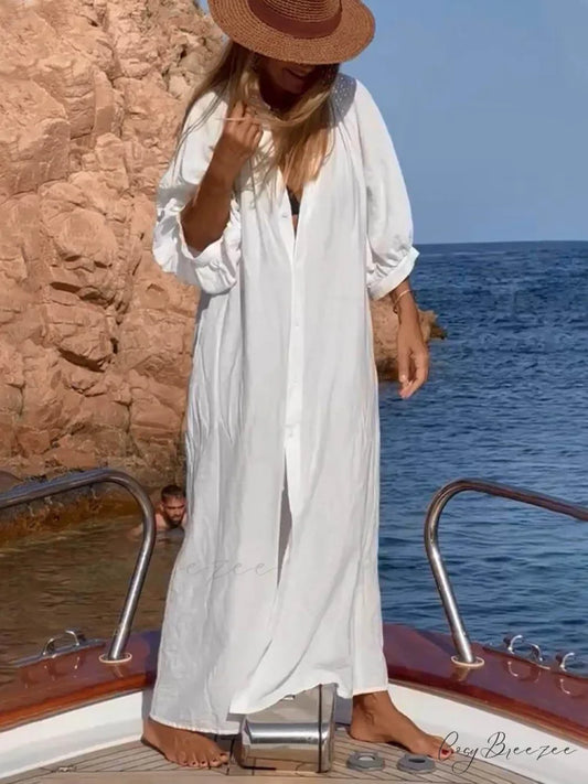 Balloon Sleeve Button Pocketed Graceful Loose Shirt Maxi Dress White / S