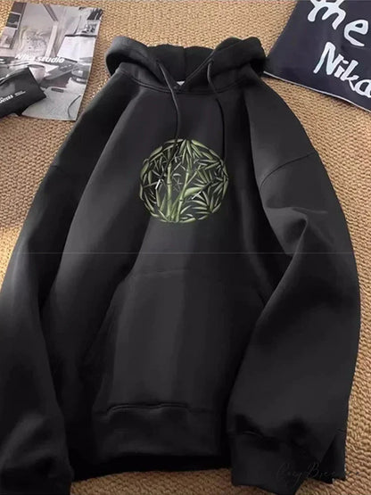 Bamboo Pattern Print Relaxed Y2K Hoodie Black / M(40-45KG) hoodies-241228