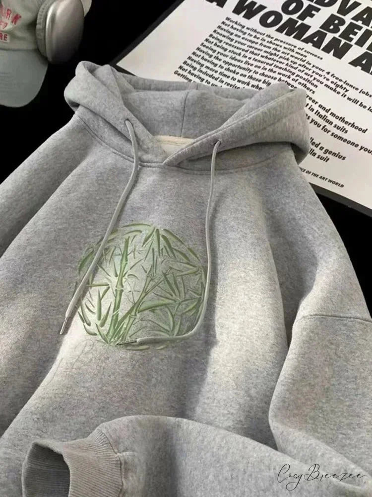 Bamboo Pattern Print Relaxed Y2K Hoodie GRAY / M(40-45KG) hoodies-241228