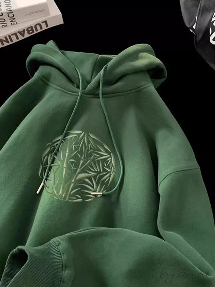Bamboo Pattern Print Relaxed Y2K Hoodie Green / M(40-45KG) hoodies-241228