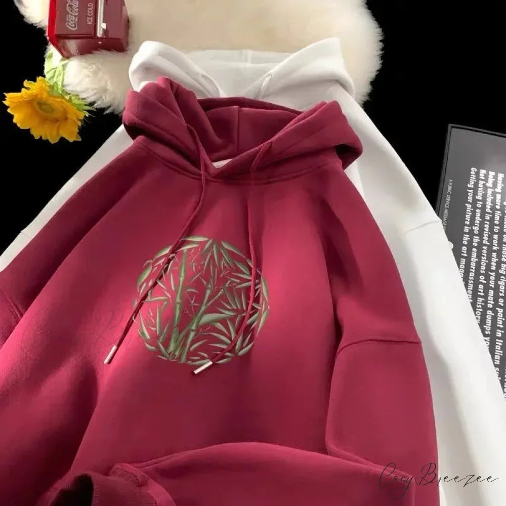 Bamboo Pattern Print Relaxed Y2K Hoodie hoodies-241228