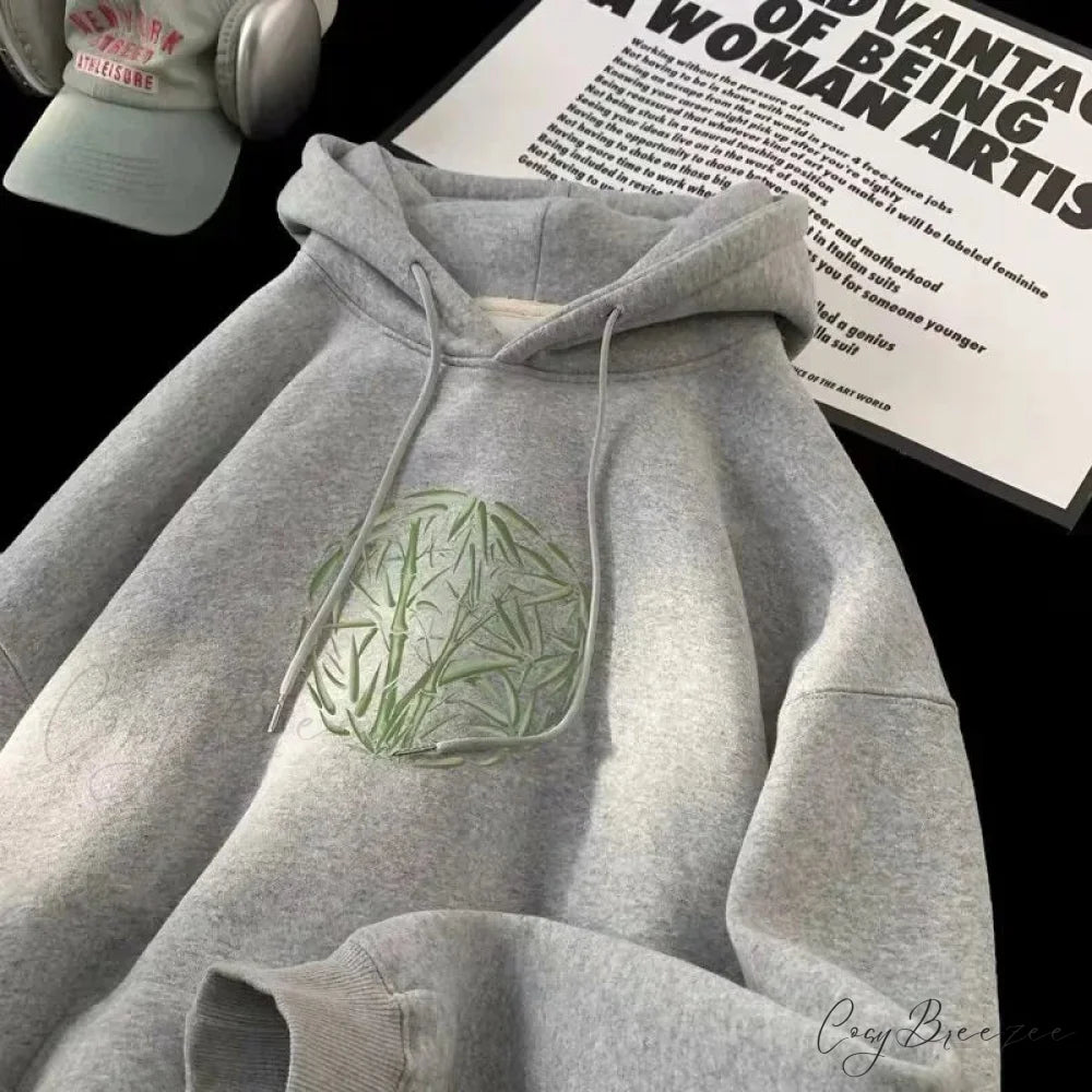 Bamboo Pattern Print Relaxed Y2K Hoodie hoodies-241228