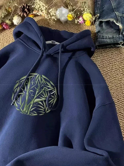 Bamboo Pattern Print Relaxed Y2K Hoodie Navy Blue / M(40-45KG) hoodies-241228