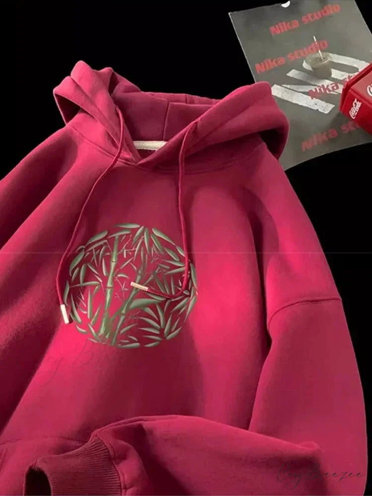 Bamboo Pattern Print Relaxed Y2K Hoodie Red / M(40-45KG) hoodies-241228