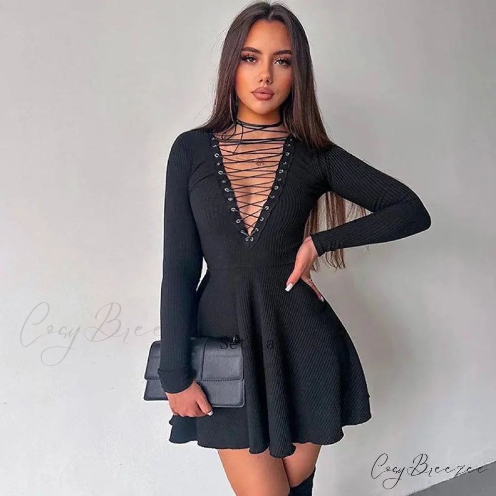 Bandage A-Line Lace Up Long Sleeve Mini Dress
