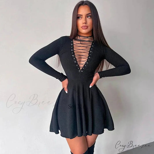 Bandage A-Line Lace Up Long Sleeve Mini Dress Black / S