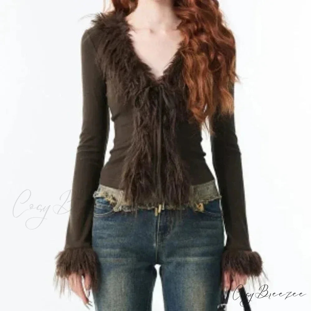 Bandage Fur Patchwork V-Neck Cardigan Brown and Green / XS cardigans-241228