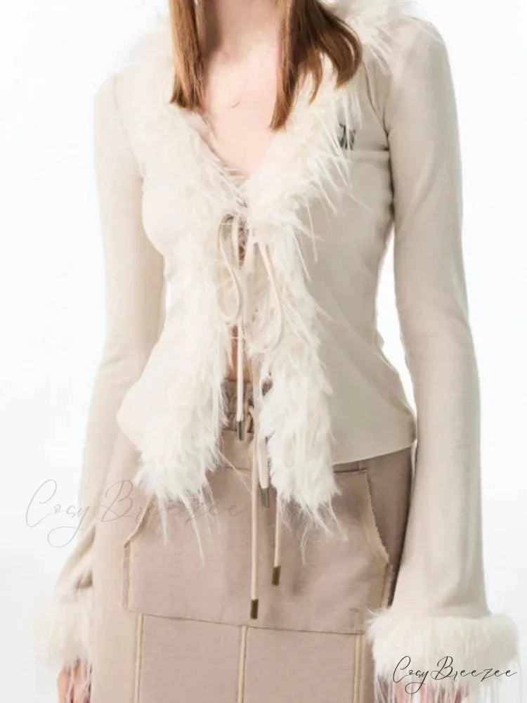 Bandage Fur Patchwork V-Neck Cardigan cardigans-241228
