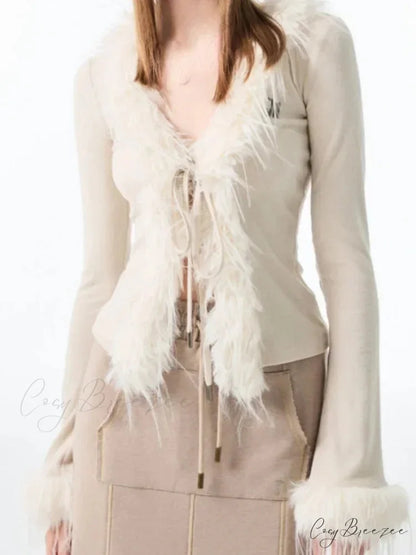 Bandage Fur Patchwork V-Neck Cardigan cardigans-241228