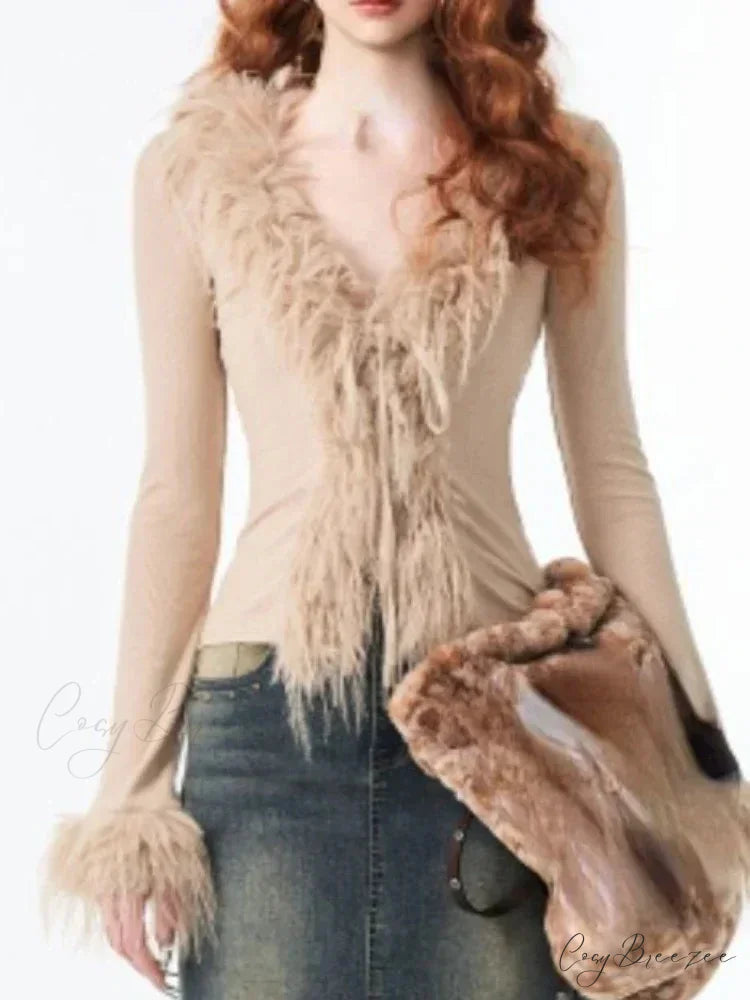 Bandage Fur Patchwork V-Neck Cardigan cardigans-241228