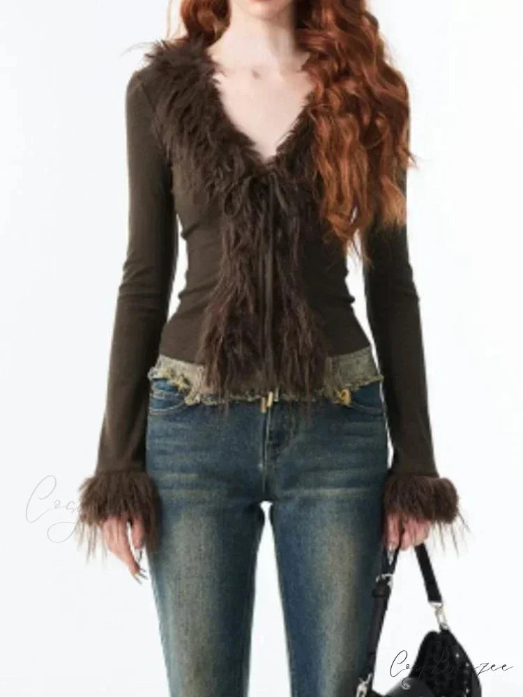 Bandage Fur Patchwork V-Neck Cardigan cardigans-241228