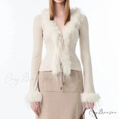 Bandage Fur Patchwork V-Neck Cardigan creamy-white / XS cardigans-241228
